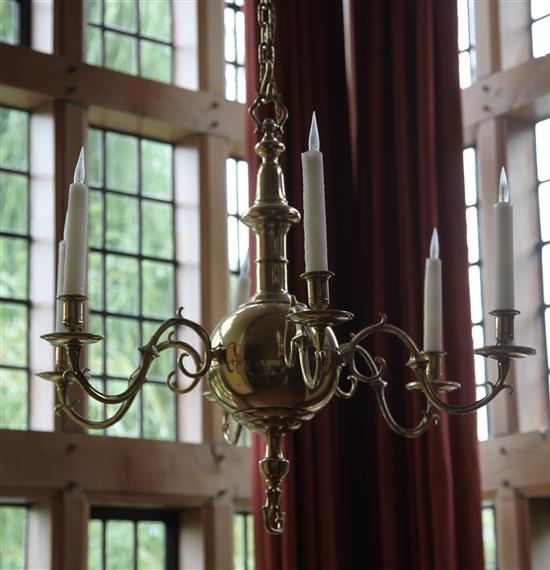 A pair of 17th century style Dutch design six branch ball and column ceiling chandeliers